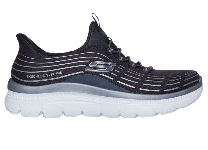 SKECHERS, stylische Damen-Sneaker, mit geformter Slip-Ins Fersenplatte DUNKELBLAU-SILBER